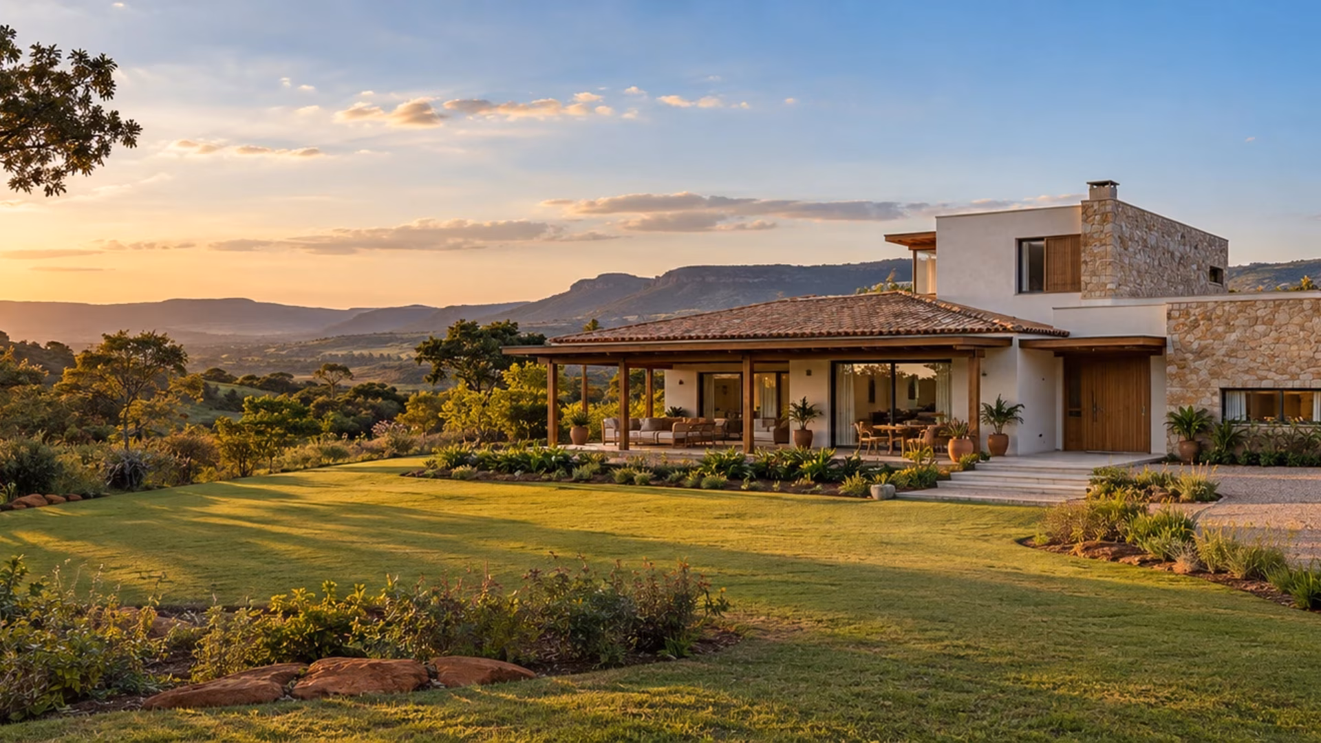 Casa contemporânea completa em paisagem do interior de Minas Gerais ao pôr do sol