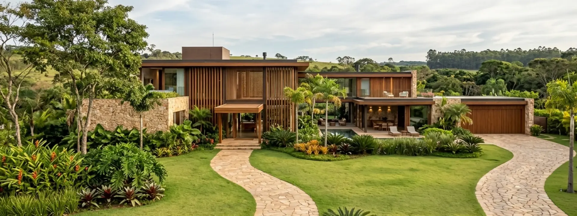 Fachada ampla de residência contemporânea em Patrocínio com acabamento em pedra natural, brises de madeira e jardim tropical